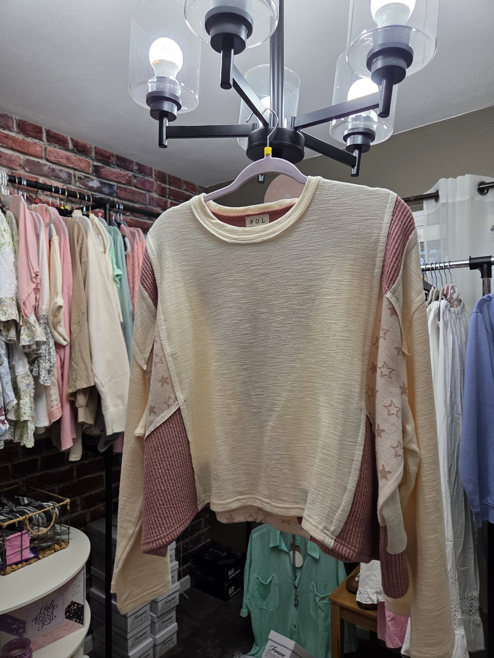 POL Cream and Mauve Star-Panel Crewneck Sweatshirt